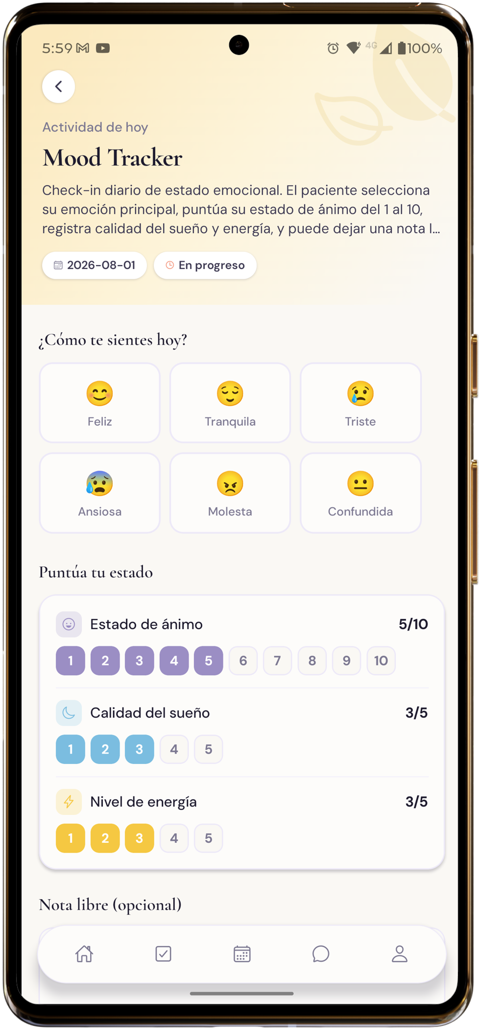 Registro de estado de ánimo (Mood Tracker) en la app WellNest