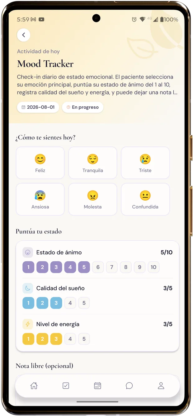 Registro de estado de ánimo en la app WellNest