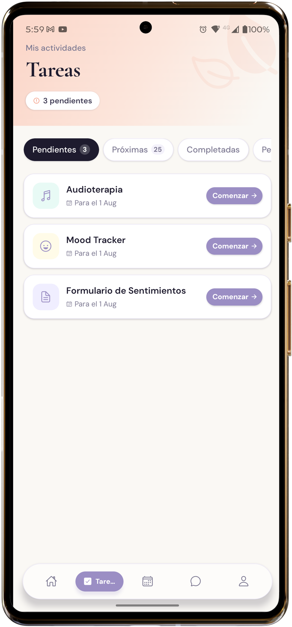 Lista de tareas y actividades en la app WellNest