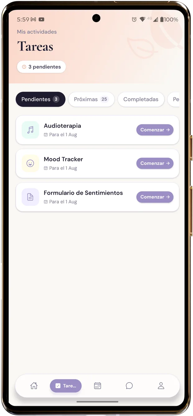 Lista de tareas y actividades en la app WellNest