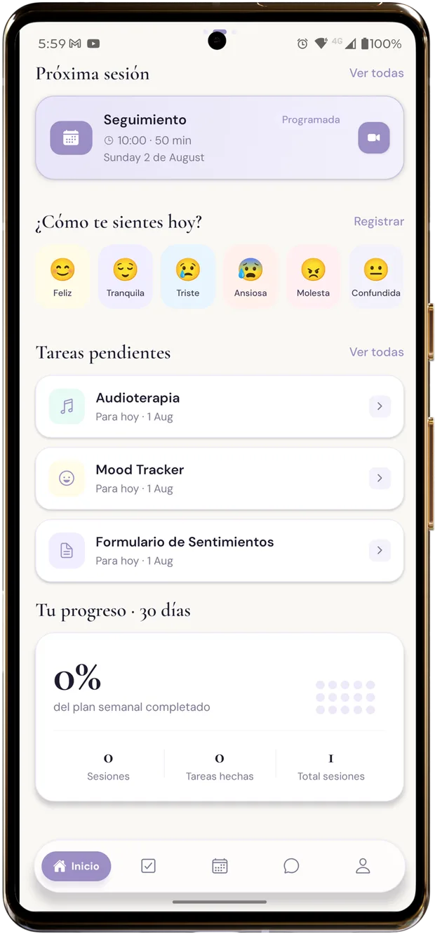 Pantalla de inicio de la app WellNest con la próxima sesión y las tareas del día