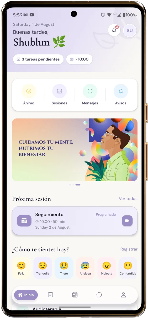 Panel principal de la app WellNest con saludo, accesos rápidos y próxima sesión