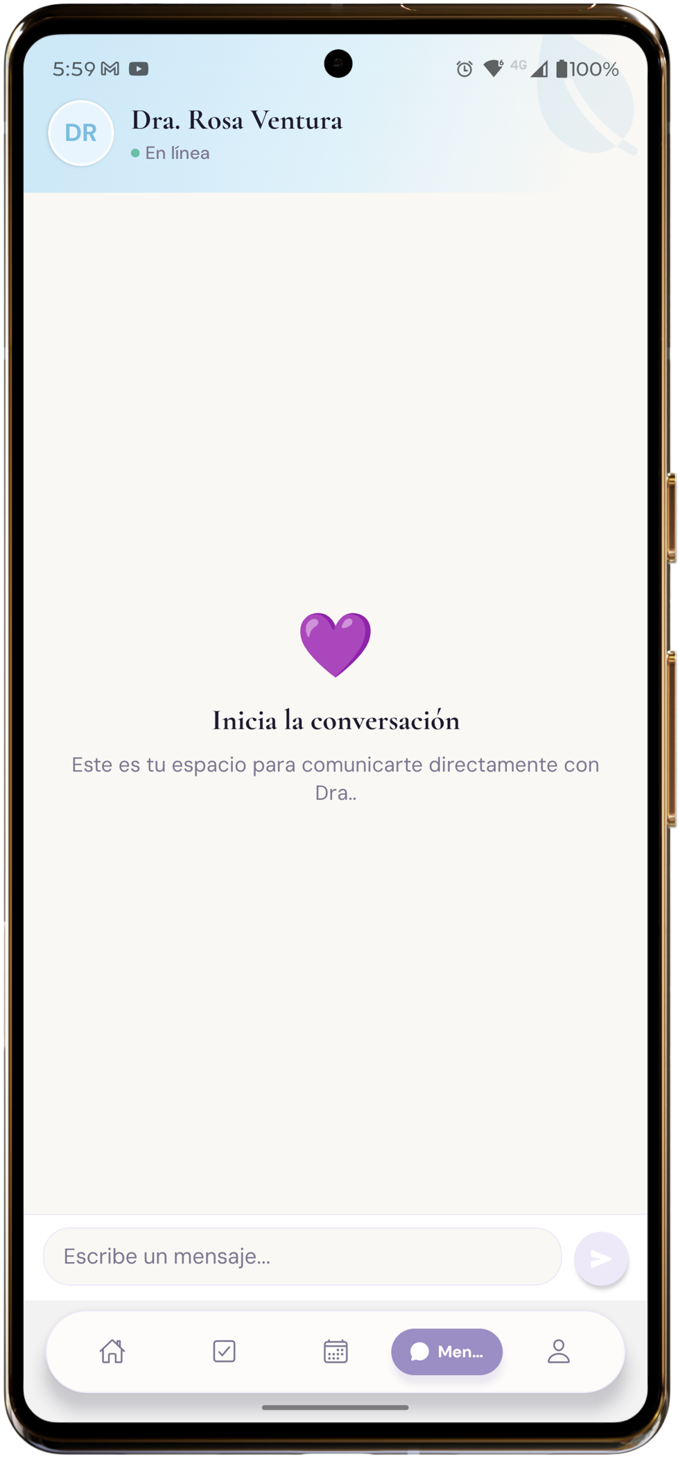 Chat de mensajería con tu psicóloga en la app WellNest
