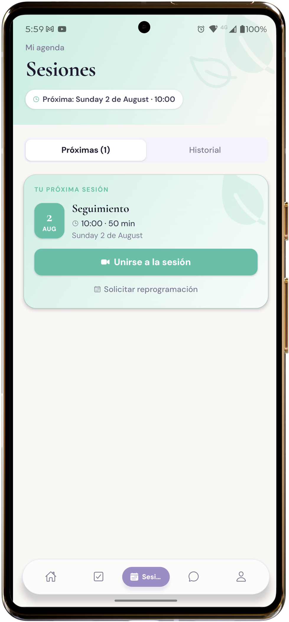 Agenda de sesiones en la app WellNest