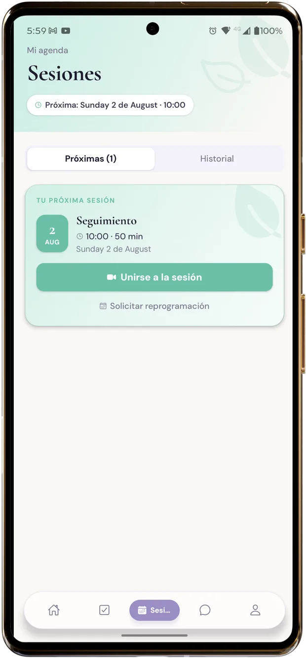 Agenda de sesiones en la app WellNest