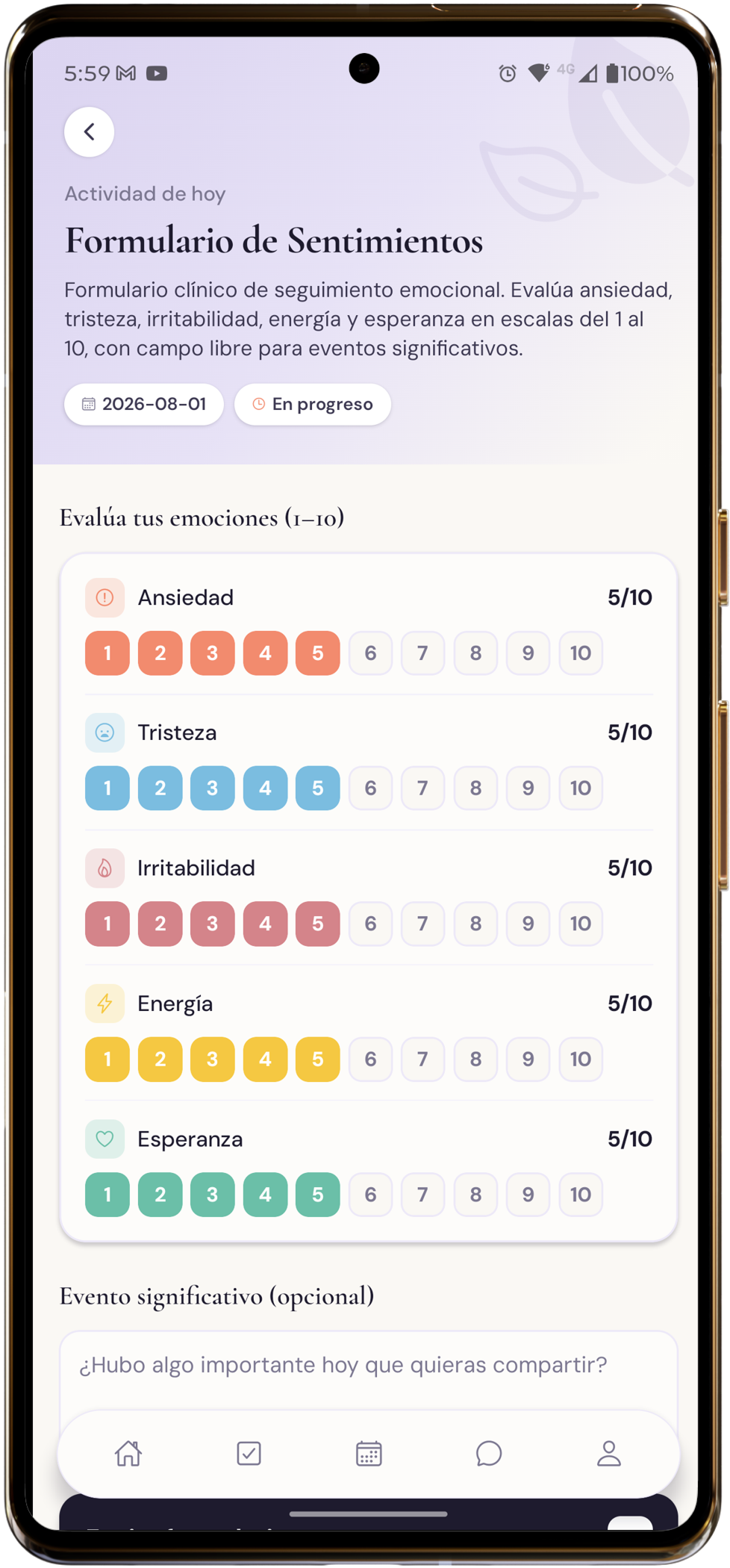 Formulario de sentimientos con escalas de emociones en la app WellNest