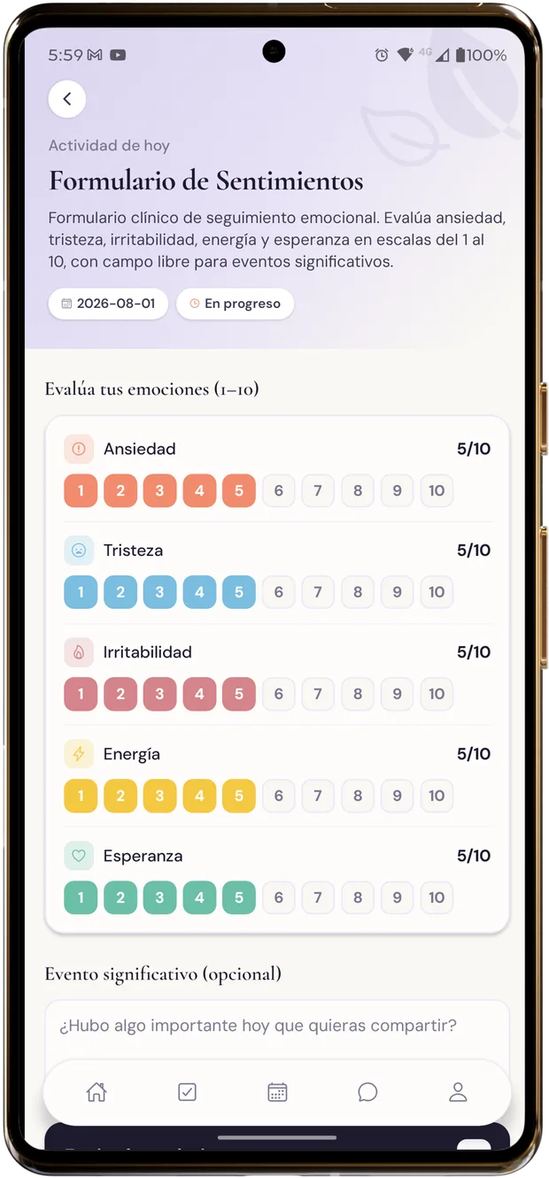 Formulario de sentimientos con escalas de emociones en la app WellNest